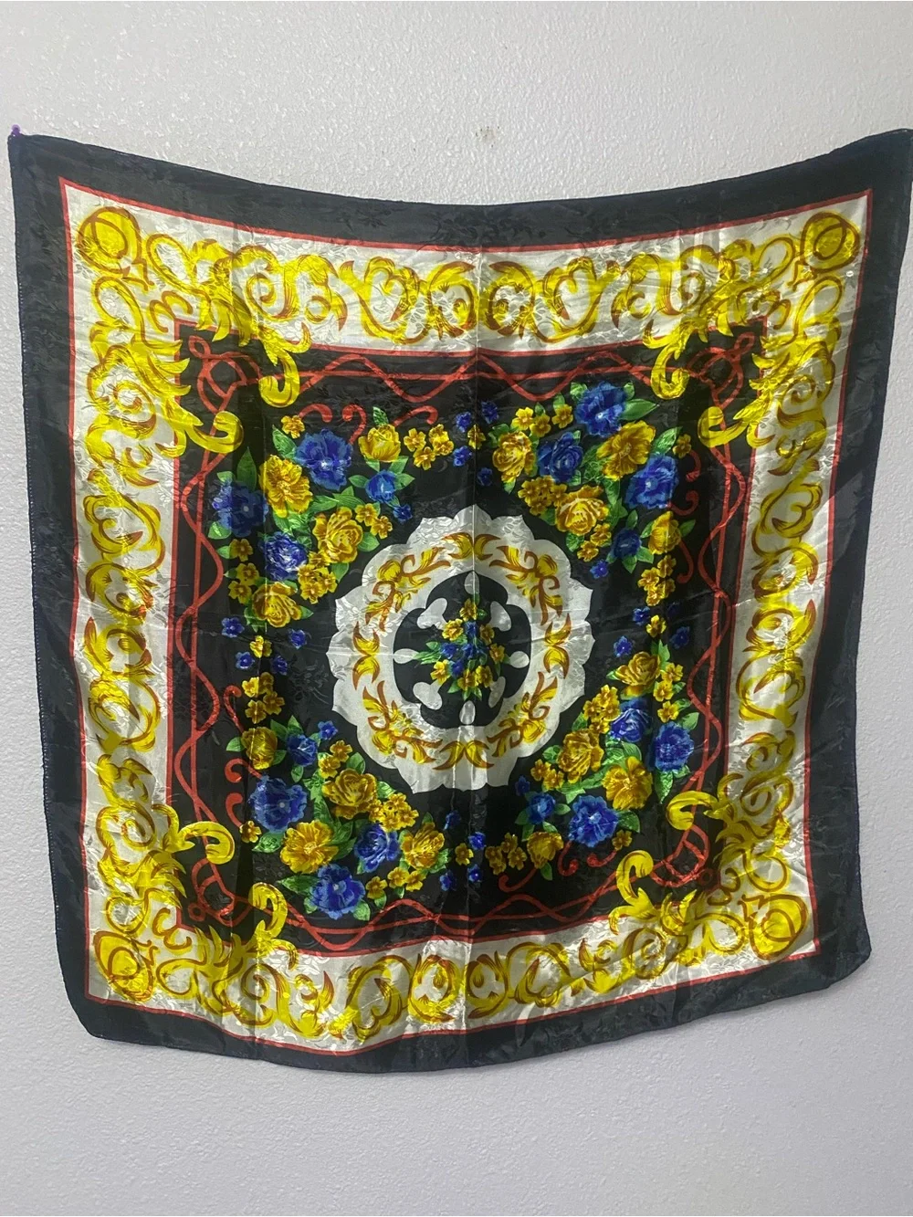 Floral Baroque Black Silk-Feel Square Scarf 35x35”